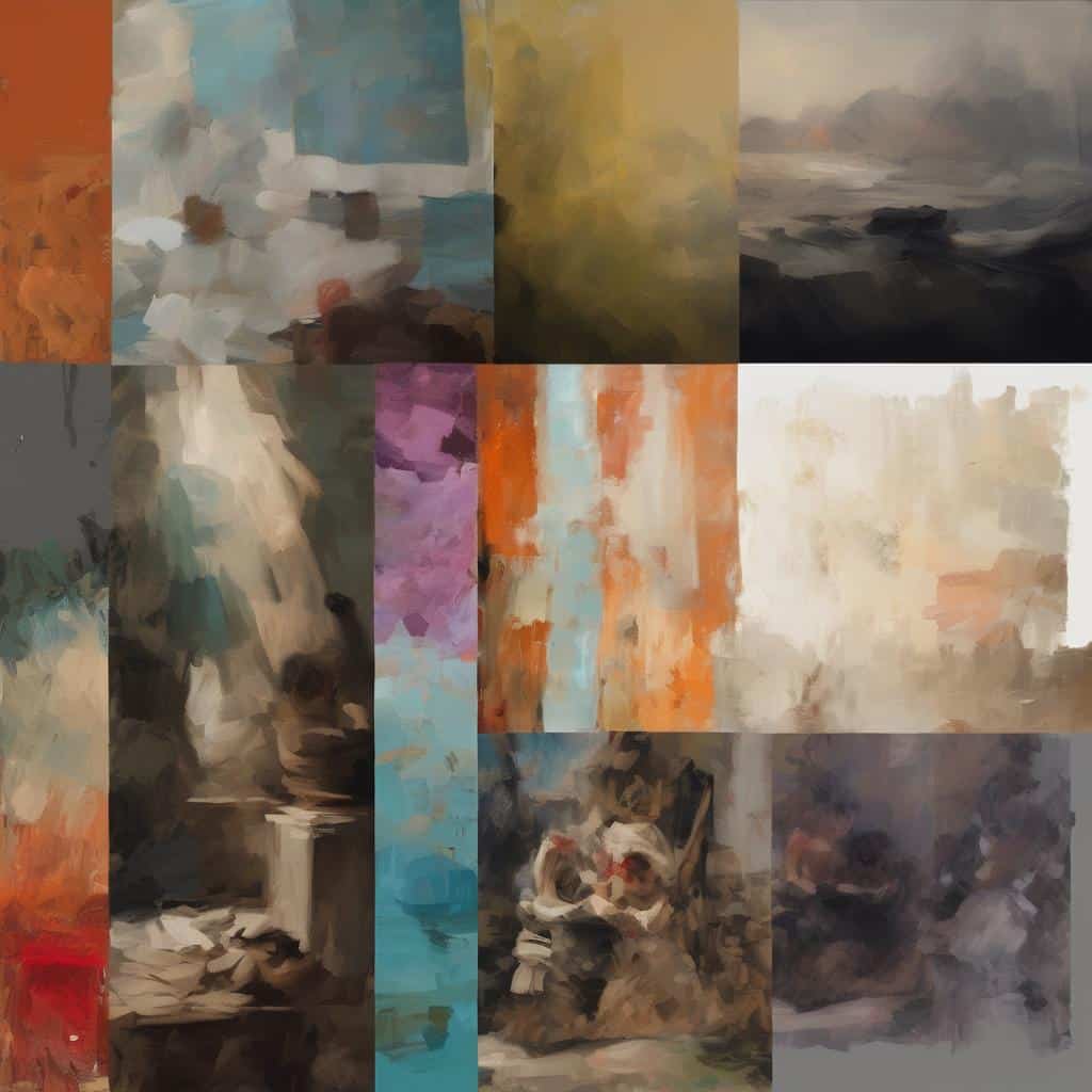 Ζωγραφικά έργα και abstract εικόνες που απεικονίζουν το όριο ανάμεσα σε μορφή και άμορφο με ζωντανά χρώματα και την καλλιτεχνική έκφραση.