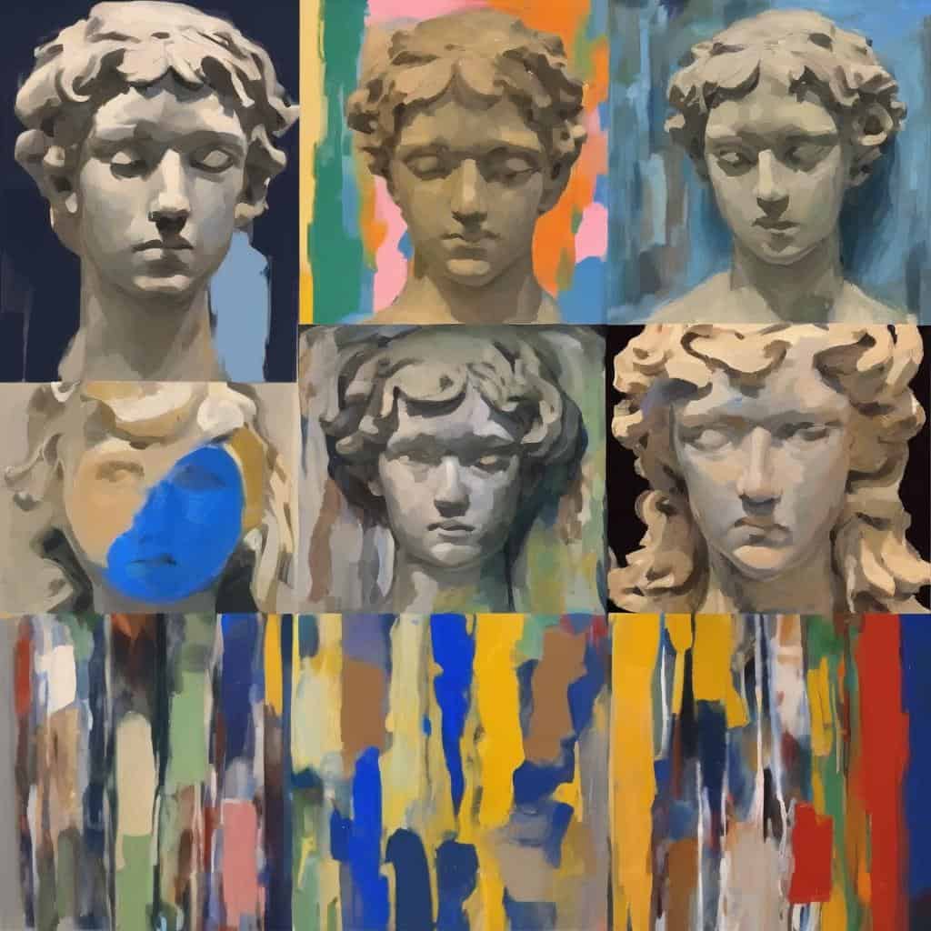 Οπτικά έργα με άγαλμα και αφηρημένα μοτίβα, εξετάζοντας το όριο ανάμεσα σε μορφή και άμορφο, και την τέχνη της σύνθεσης.