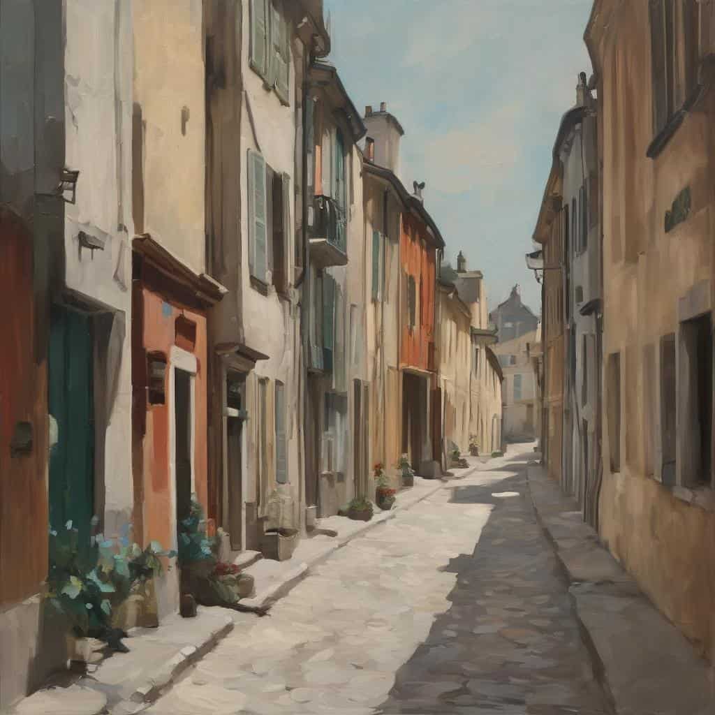 Γραφική παλιά γειτονιά με παραδοσιακά σπίτια σε απόχρωση γήινων τόνων, σε ήρεμη και γαλήνια ατμόσφαιρα.