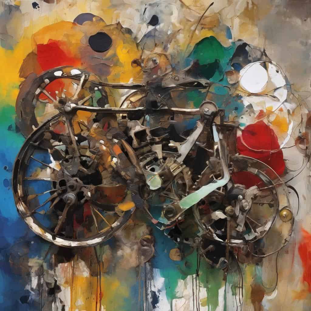 Ξεχασμένο ποδήλατο από μεταλλικά εξαρτήματα σε ζωγραφική σύνθεση, θέμα ανάμεσα στη μορφή και την άμορφη τέχνη.