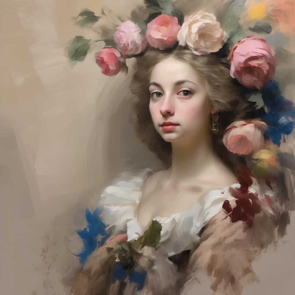 Ρομαντικό πορτρέτο νεαρής γυναίκας με λουλούδια στο κεφάλι, ζωγραφική σε στυλ ρεαλιστικό.
