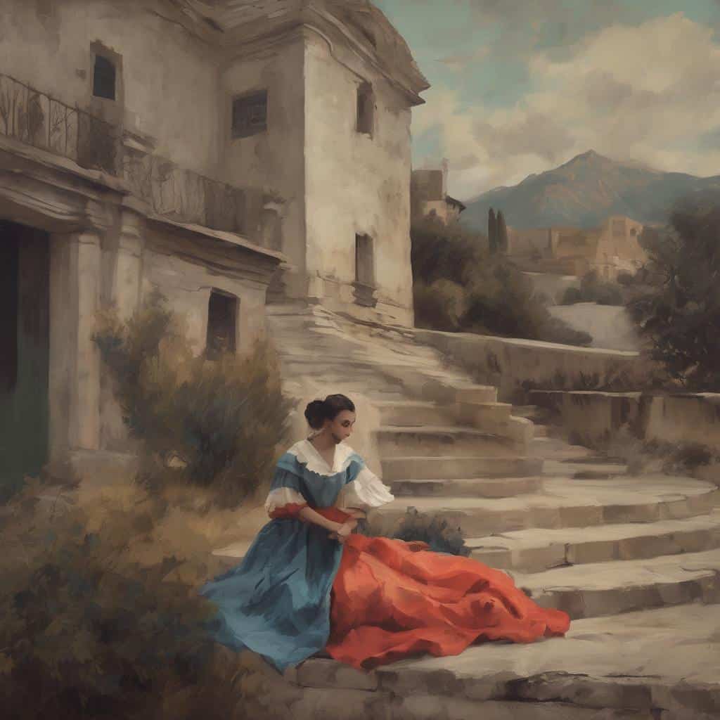 Ρομαντικό πίνακα με γυναίκα σε παραδοσιακή ενδυμασία σε άσχημη αρχαία πόλη, φυσικό τοπίο, βουνά, αρχοντικά.
