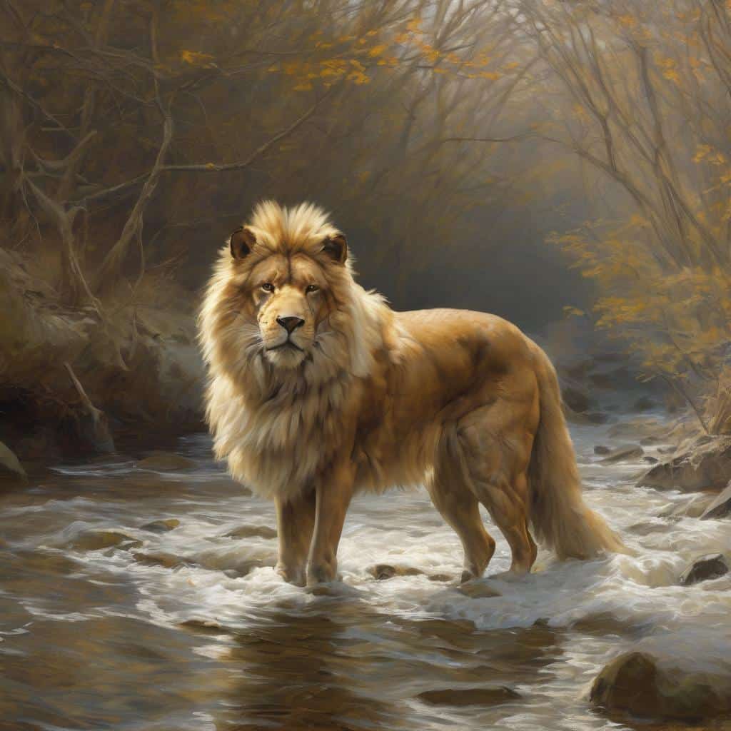 Λιοντάρι στη λίμνη με δάση και ομίχλη, φυσική ομορφιά και αμμώδη έδαφος.