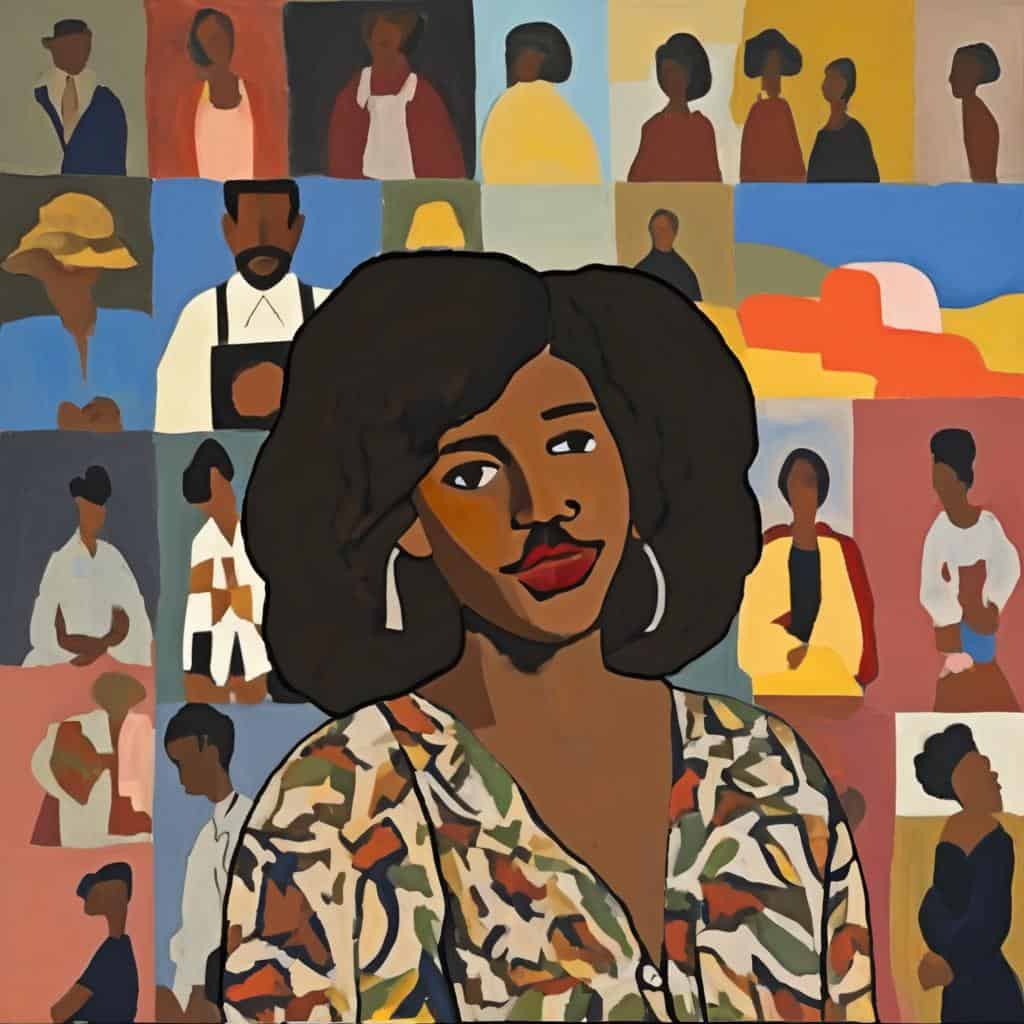 Γυναίκα με καλλιτεχνικό πορτραίτο και ποικίλες μορφές ανθρώπων στο φόντο, εστίαση στη μορφή και το άμορφο.